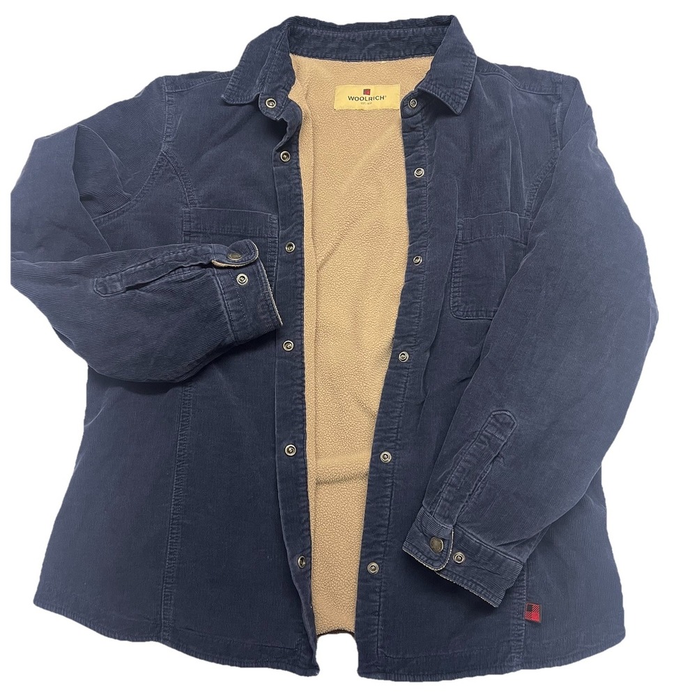 Woolrich Women's Corduroy Jacket Sherpa Lined Size Large Navy Outdoor Chore Coat